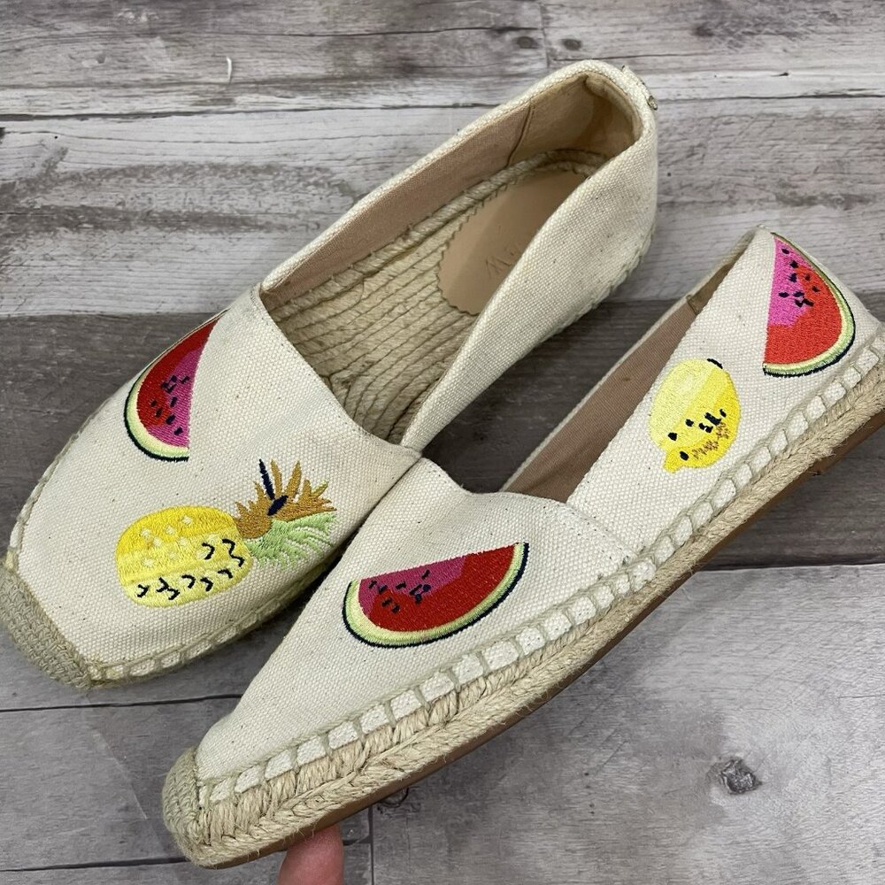 J Crew Canvas Espadrilles Embroidered Fruits Loafers Size 8.5 M Sundried Linen